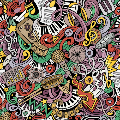 Music hand drawn doodles seamless pattern. Musical instruments background. © balabolka