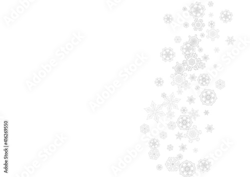 Snowflakes falling on white background. Horizontal Christmas and Happy New Year theme. Silver falling snowflakes for banner, gift card, party invitation, partner compliment and special business offers