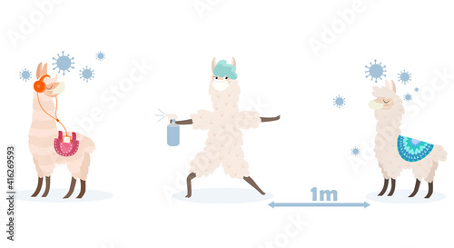 A cartoon llama wearing a mask with antiseptic fighting the Covid-19 coronavirus disease. Vector illustration.