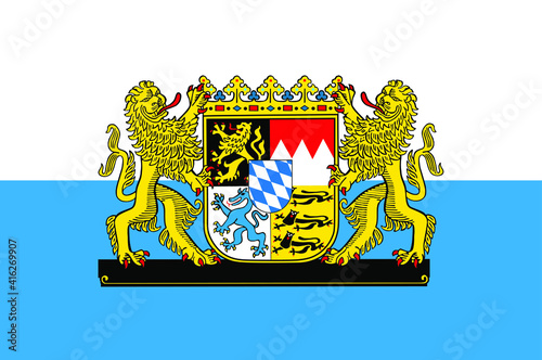 Great coat of arms on flag of Bavaria, Germany. 
German province symbol, emblem. Bavarian flag with coa.