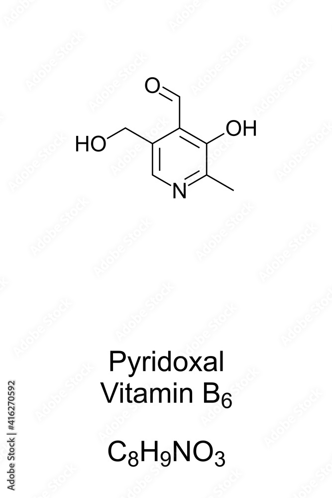 Pyridoxal, vitamin B6, chemical formula and skeletal structure. A form
