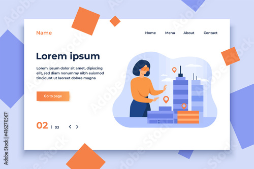 Woman modeling 3d office buildings on table flat vector illustration. Cartoon architect engineer wearing digital glasses of virtual reality. Construction and architecture concept