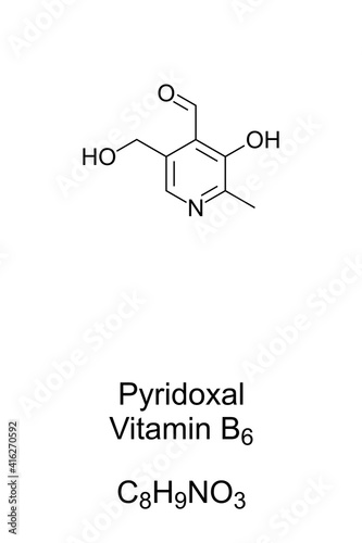 Pyridoxal, vitamin B6, chemical formula and skeletal structure. A form of vitamin B6, also known as pyridoxaldehyde. Some medically relevant bacteria require pyridoxal for growth. Illustration. Vector
