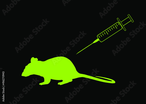Laboratory test syringe and rat vector silhouette illustration isolated. Medical experiment animal vaccine testing. Injection with virus. Research into the effects of a new drug.