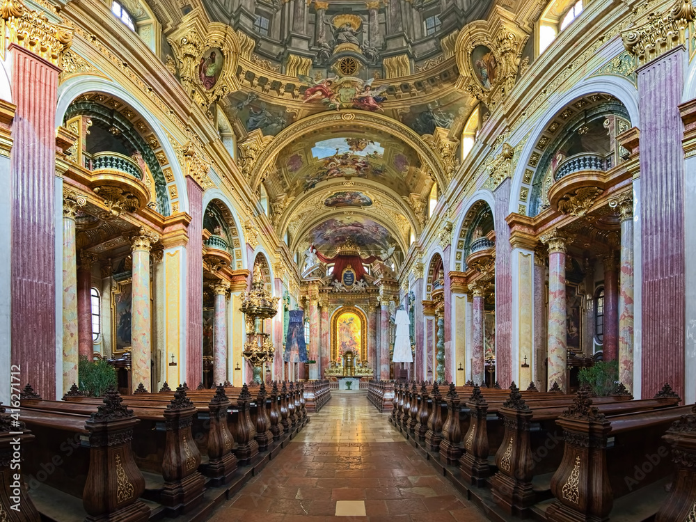Vienna, Austria. Interior of Jesuit Church or University Church. The church was built in 1623-1627. It was remodeled in 1703-1705 by Andrea Pozzo, who also executed the large ceiling fresco.