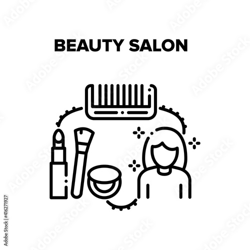 Beauty Salon Vector Icon Concept. Hairdresser Tools And Cosmetics For Makeup Woman, Beauty Salon Service. Hairdresser Comb, Stylist Lipstick And Brush With Powder Container Black Illustration