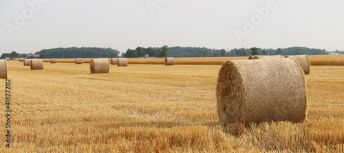 Freshly harvested and rolled hay bales provide a beautiful counrty landscape in rural Ohio. photo