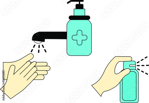 Hand icon vector design template, wash hands with liquid soap, hands are using a hand sanitizer, water faucet and bottle design. can be filled in color