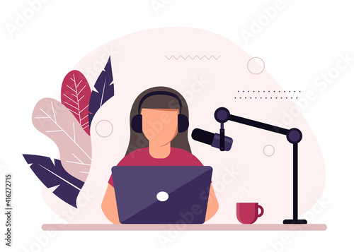 Podcast concept illustration. Female podcaster talking to microphone recording podcast in studio. Concept of internet online radio