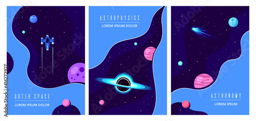 Set of Templates for Flyer, Magazine, Poster, Book Cover. Outer Space, Science, Astronomy and Astrophysich Concept Design. Flat Style Vector Illustration