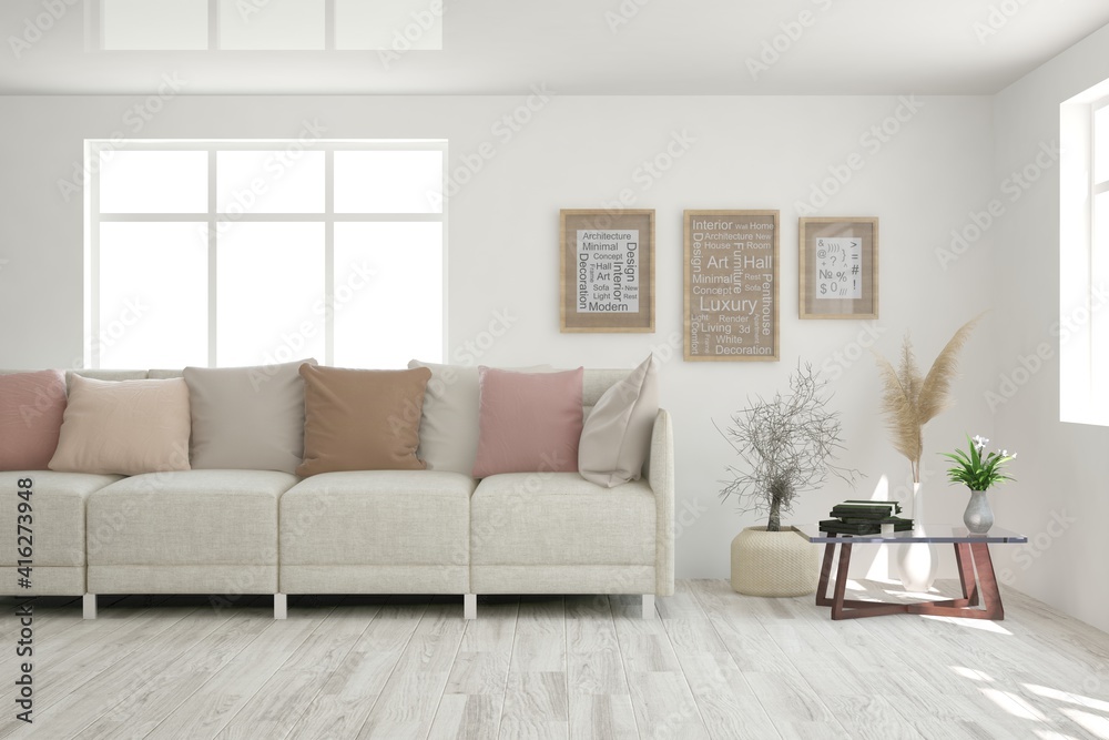 White living room with sofa. Scandinavian interior design. 3D illustration White living room with sofa. Scandinavian interior design. 3D illustration