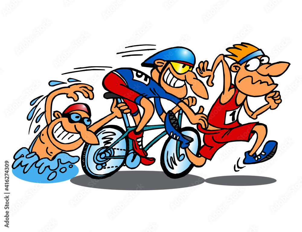 Triathlon racers, swimmer, cyclist and runner holding each other, sport joke, color cartoon Triathlon racers, swimmer, cyclist and runner holding each other, sport joke, color cartoon