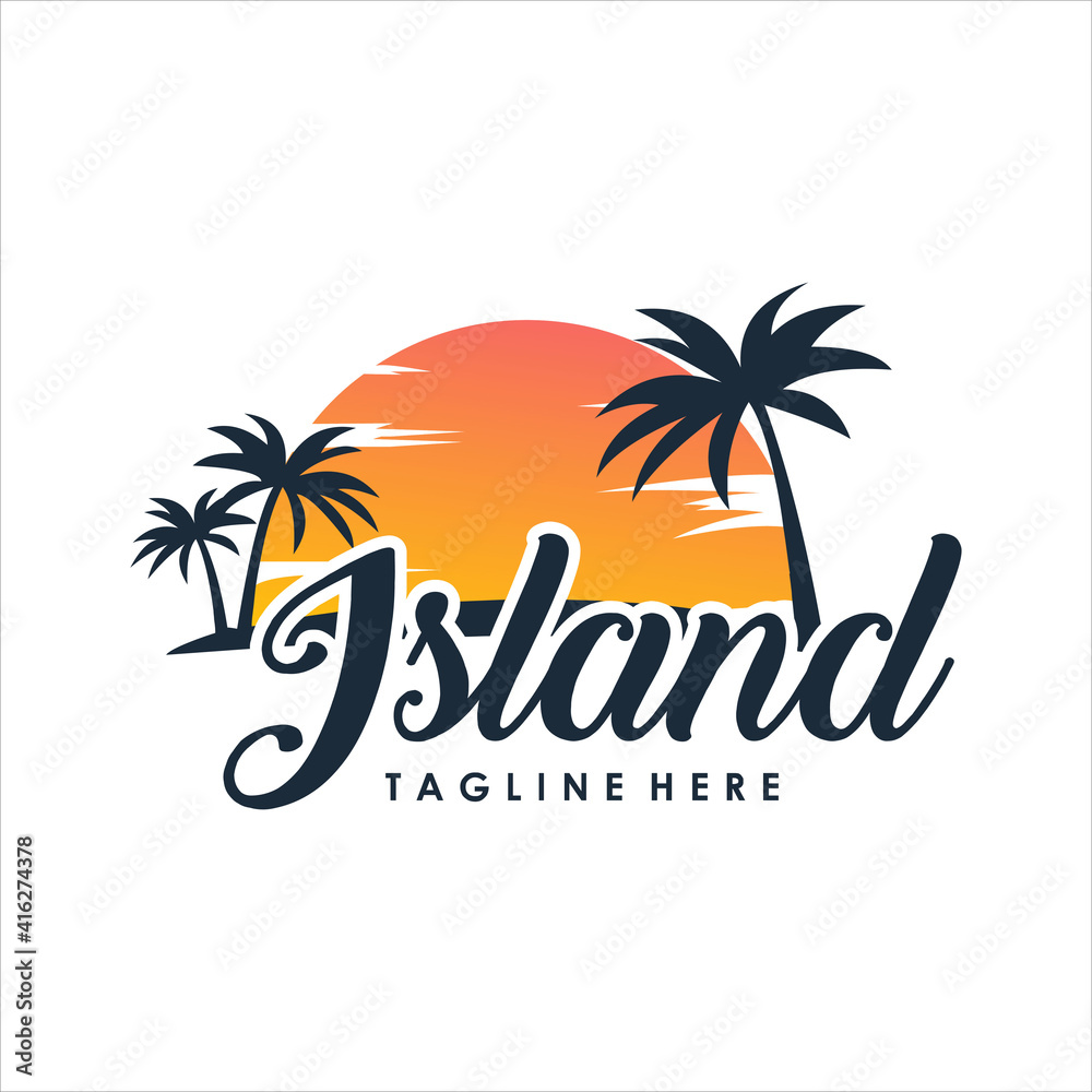 tropical island with palm trees logo design template, vector illustration.