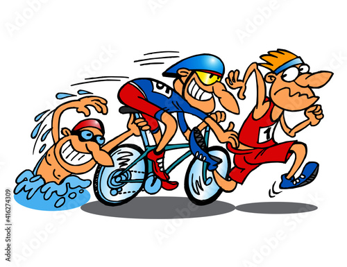 Triathlon racers, swimmer, cyclist and runner holding each other, sport joke, color cartoon
