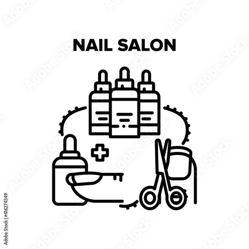 Nail Salon Treat Vector Icon Concept. Cutting And Polishing Fingernail, Fashion Manicure And Pedicure, Painted With Acrylic Varnish, Nail Salon Service. Beauty Center Black Illustration
