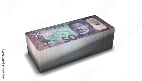 New Zealand 50 Dollars Banknotes Money Stack on White Background