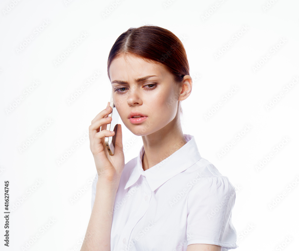 woman in white shirt with phone in hands technology internet communication woman in white shirt with phone in hands technology internet communication