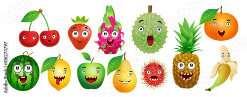 Set of cartoon fruits for kids.Cherry, strawberry, dragon fruit, durian, orange, watermelon, lemon, apple, pear, rambutan, pineapple, banana.Vector.