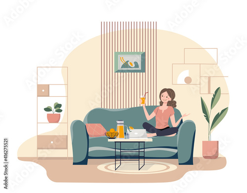 Vector modern cozy living room. Cute cartoon young woman sitting on the sofa, drinking orange juice and calls up on a laptop. Nice girl at home.