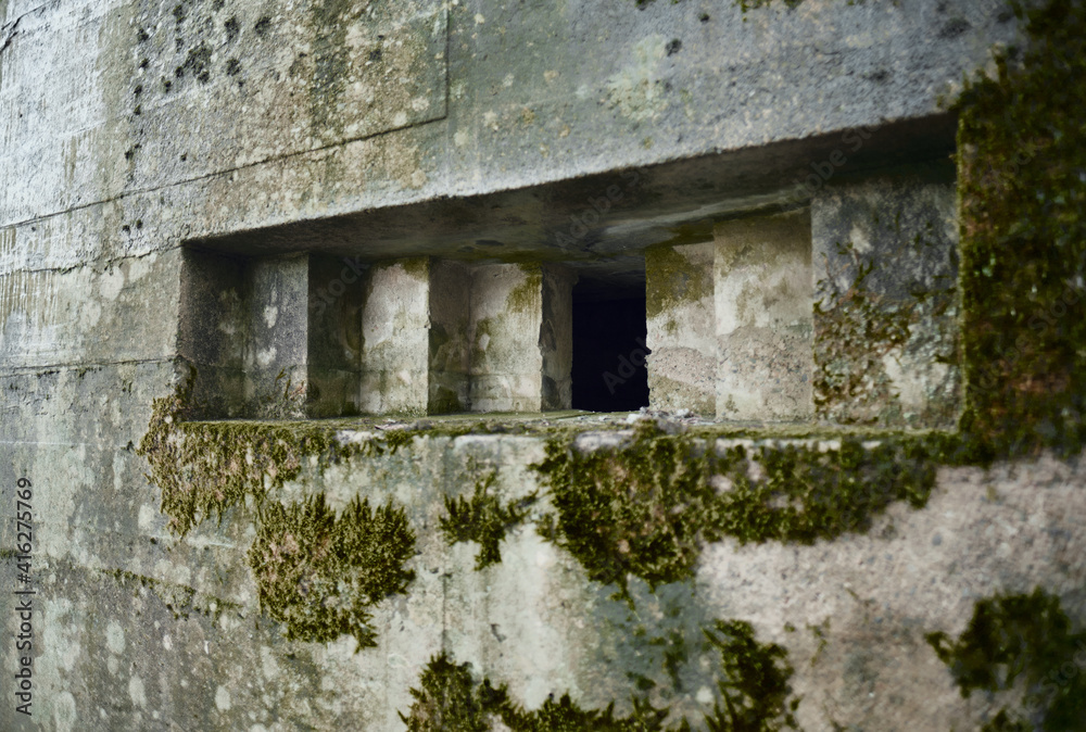 A brutalist cold gritty concrete world war two, ww2, pillbox war bunker gun hole in a defence fortress, in a dirty forgotten woodland in europe. wartime relics and forgotten outpost A brutalist cold gritty concrete world war two, ww2, pillbox war bunker gun hole in a defence fortress, in a dirty forgotten woodland in europe. wartime relics and forgotten outpost