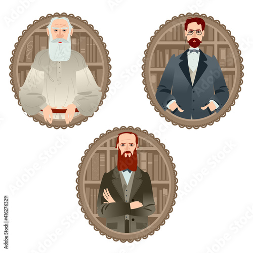 History of Russia. Famous Russian writers. Leo Tolstoy, Fyodor Dostoevsky, Anton Chekhov. photo