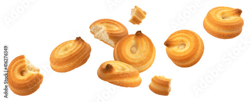 Falling biscuit swirl, spiral cookies isolated on white background