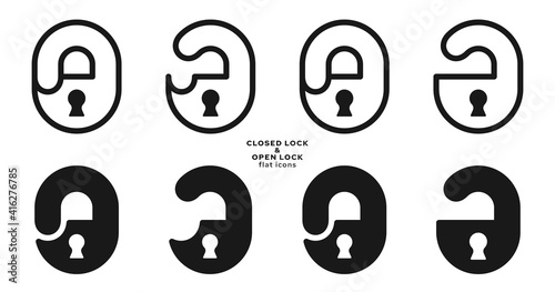 Lock flat linear icons set. Closed lock and open lock for applications, web sites and other internet resources. Set of vector isolated elements.