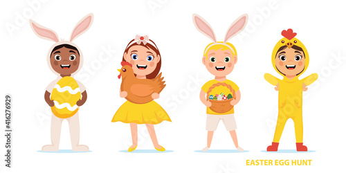 Fototapeta Naklejka Na Ścianę i Meble -  Cute kids in carnival costumes for Easter Egg Hunt. Boys and girls characters in Easter bright color dresses. Cartoon style vector illustration.