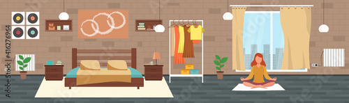 Young girl in the lotus pose meditating and practicing yoga. Bedroom with furniture. Flat style vector interior illustration. Bed, flowers. Daylight apartments. Hotel suite. Renting an apartment.