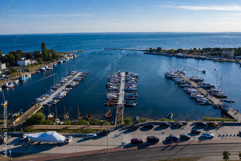 Aerial view of marina in Jastarnia. Hel peninsula harbor in Puck Bay Baltic Sea Poland drone