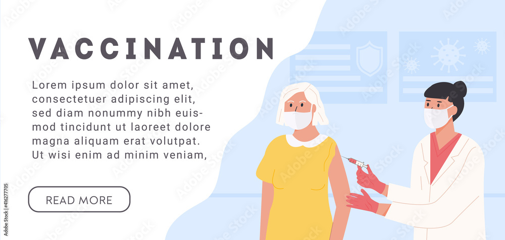 Elderly woman wearing face medical mask. Female nurse or doctor holding syringe with vaccine jab. Covid Coronavirus Vaccination Campaign. Web Banner with caption. Vector flat illustration. Elderly woman wearing face medical mask. Female nurse or doctor holding syringe with vaccine jab. Covid Coronavirus Vaccination Campaign. Web Banner with caption. Vector flat illustration.