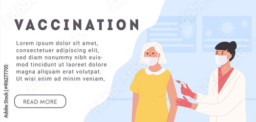 Wallpaper Mural Elderly woman wearing face medical mask. Female nurse or doctor holding syringe with vaccine jab. Covid Coronavirus Vaccination Campaign. Web Banner with caption. Vector flat illustration. Torontodigital.ca