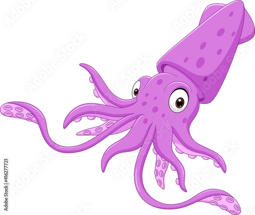 Cartoon purple squid isolated on white background