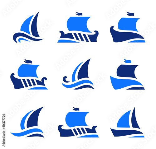 set icons of historic greek sailboats in sea