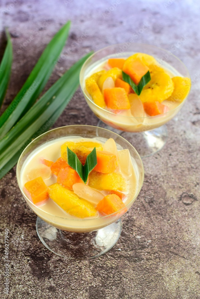 Indonesian Food - Kolak Pisang Ubi Kolang Kaling (Banana, sweet potato and palm seed). Cooked with coconut milk, palm sugar and pandanus leaves. Indonesian Food - Kolak Pisang Ubi Kolang Kaling (Banana, sweet potato and palm seed). Cooked with coconut milk, palm sugar and pandanus leaves.
