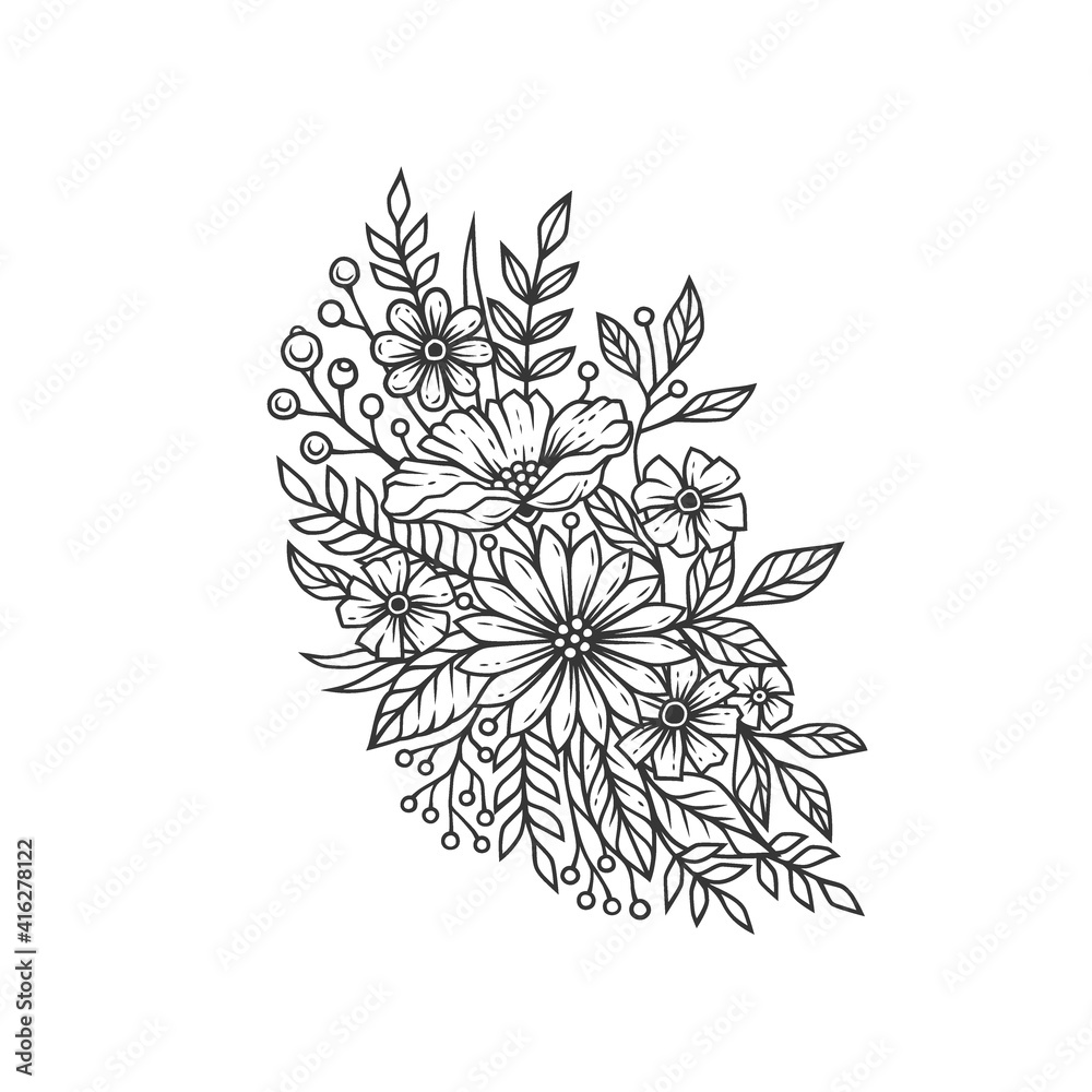 Original monochrome vector illustration in vintage style. A festive bouquet of flowers for the design.