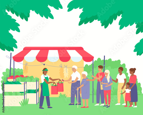 A queue at the vegetable counter of an African American woman farmer. The elderly, children and pregnant women need fresh vegetables. In the boxes there are tomatoes, herbs. Flat vector illustration.
