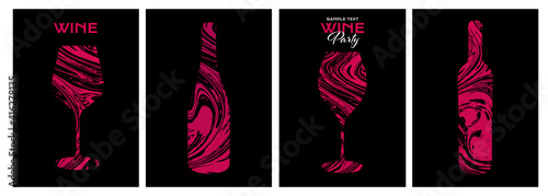 Set of design templates with wine glass and bottle illustration. Creative and artistic background texture with lines that simulate the skin of a grape vine.