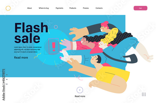 Discounts, sale, promotion- web template -modern flat vector concept illustration of people crowd raising hands trying to get a limited offer product with an exclamation sign, in pursuit. Flash sale