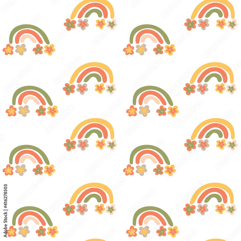 Fototapeta Rainbow and flowers. Cute seamless pattern, vector illustration for nursery. Funny summer ornament