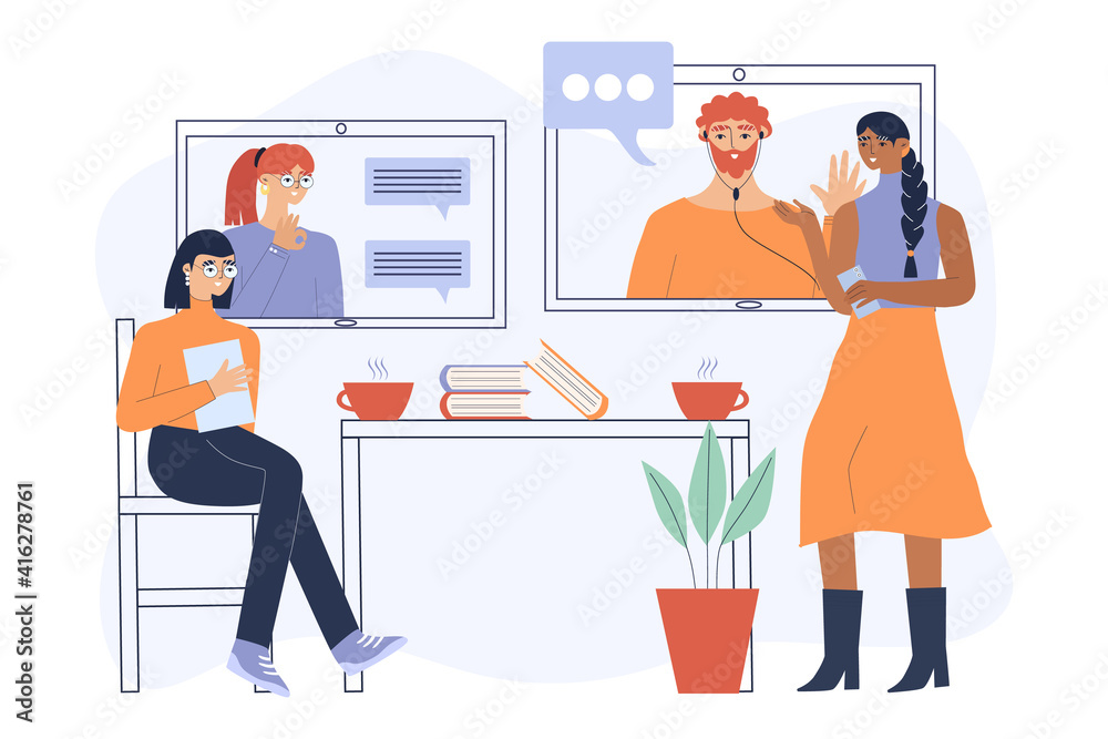 Video conference. People communicate via video communication in the office. Vector illustration.