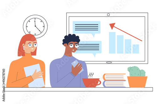 Video conference. Young people are trained through video communication. Vector illustration.