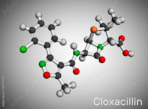 Cloxacillin molecule. It is antibacterial drug  semi-synthetic beta-lactamase resistant penicillin antibiotic. Molecular model. 3D rendering