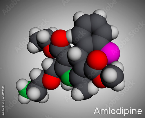 Amlodipine molecule. It is vasodilator, antihypertensive drug group of dihydropyridine calcium channel blockers. Used in the treatment of high blood pressure, angina. Molecular model. 3D rendering photo