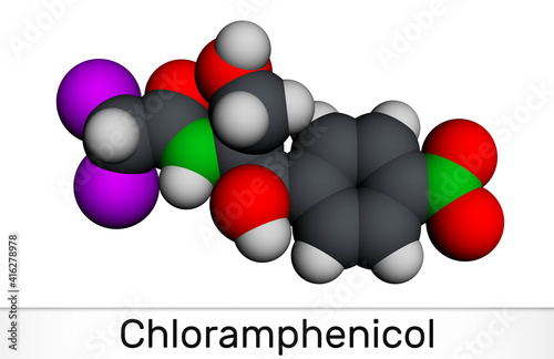 Chloramphenicol molecule. It is bacteriostatic broad-spectrum antibiotic. Molecular model. 3D rendering photo