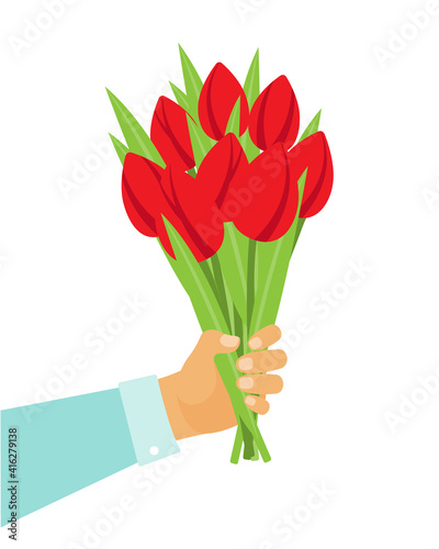 bouquet of tulips in hand, festive vector illustration