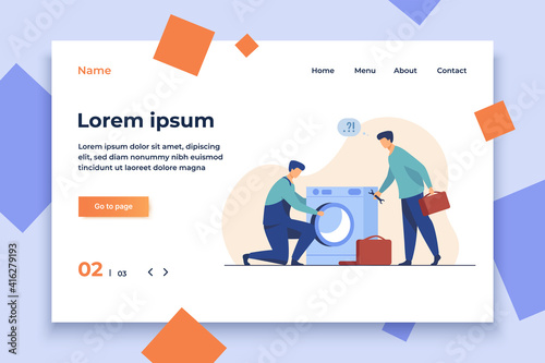 Two repairmen fixing washing machine. Handymen, mentor and intern with tools flat vector illustration. Home appliance repair service concept for banner, website design or landing web page