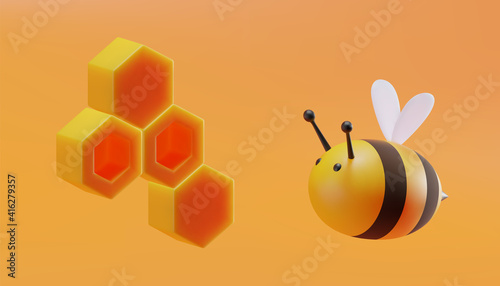 Cute bee with honeycomb in cartoon style. 3D illustration. Vector