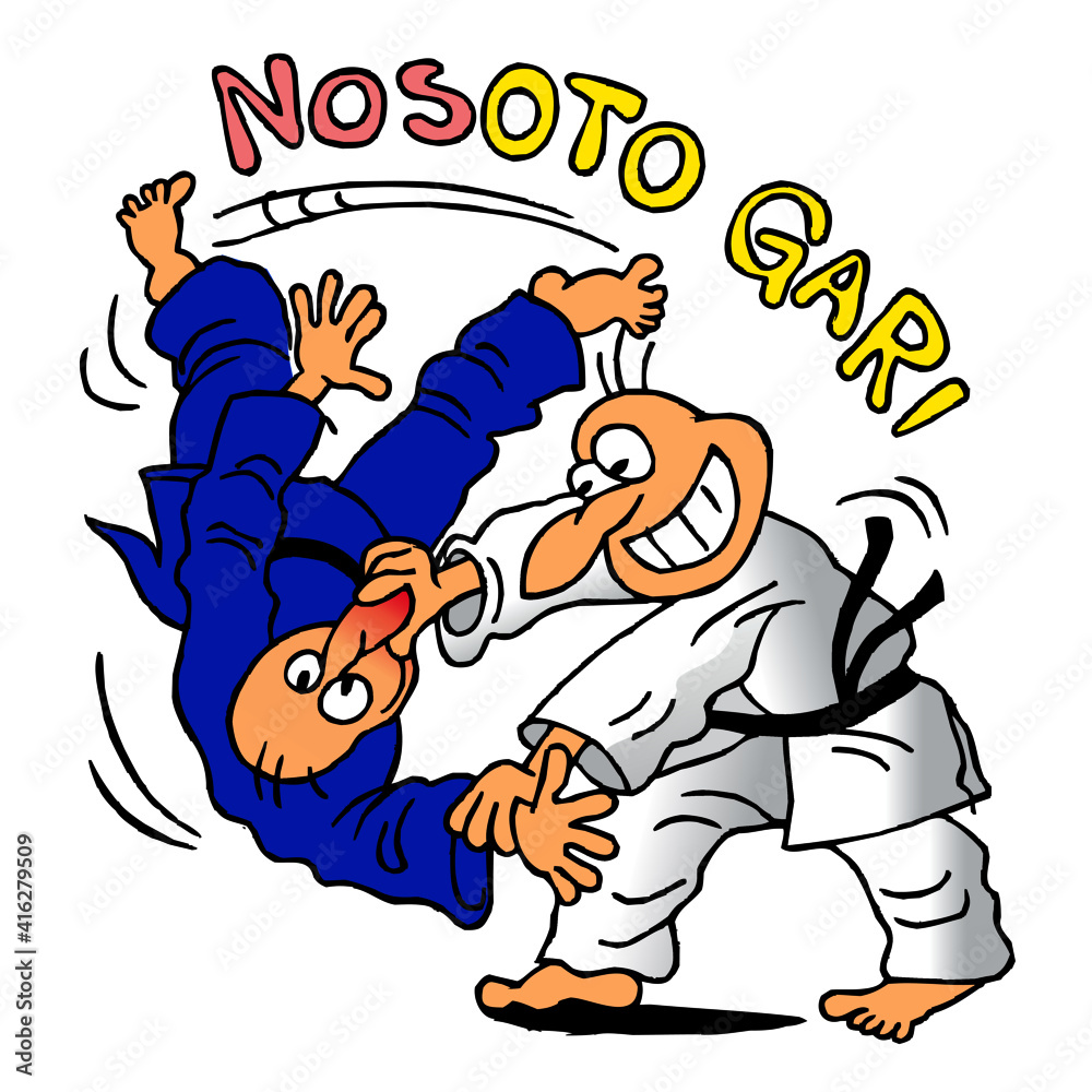 Naklejka premium Judo player holds an opponent's nose and kimono and puts him on Tatami by Nosoto Gari, sport humor, color cartoon