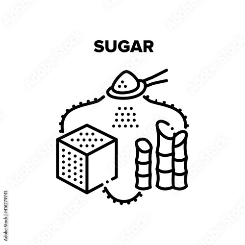 Sugar Vector Icon Concept. Sugar Cube And Sand Heap On Spoon, Castor And Sugarcane Plant. Unhealthy Product, Sweet Ingredient For Drink Or Bakery Delicious Dessert Black Illustration